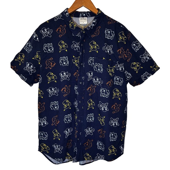 Pokemon Navy Blue Short-Sleeved Button Down Shirt Men's XL Pikachu Squirtle - Picture 1 of 3